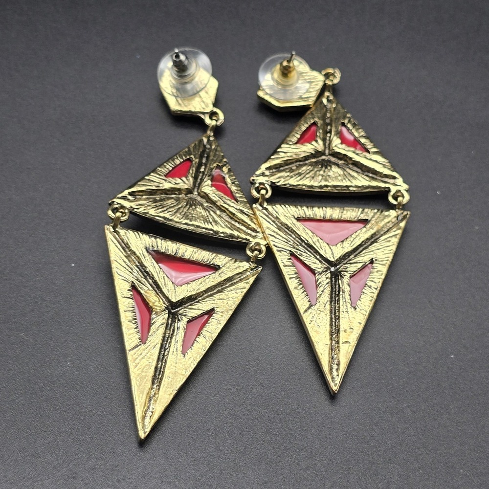 Red Pink Rhinestone Geometric Earrings Triangular - Picture 4 of 8